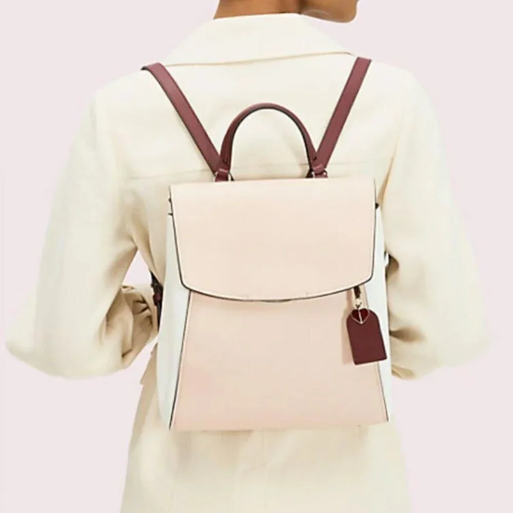 Kate Spade Grace Medium Backpack Beige Colorblock Leather Flap
